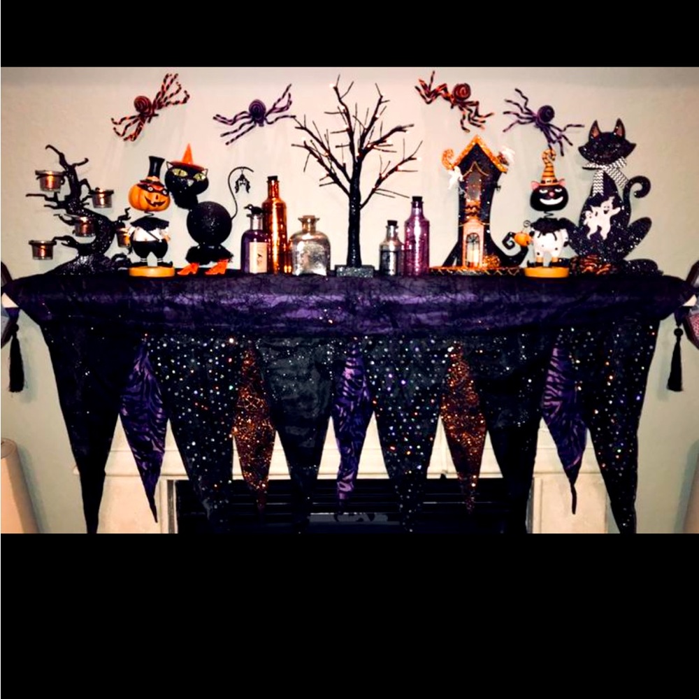 Pier 1 Halloween decor lot - haunted house, black cat and fireplace scarf.